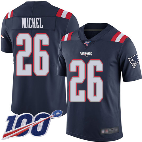 New England Patriots Football 26 100th Season Rush Vapor Limited Navy Blue Men Sony Michel NFL Jersey